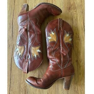 Dan Post 70's Tulip Western Brown Leather High Heel Boots Size 6
